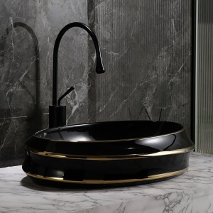 Lavoar ceramic oval negru cu linii aurii si montaj pe blat Yoko Black Gloss 60 x 40 cm - Img 5