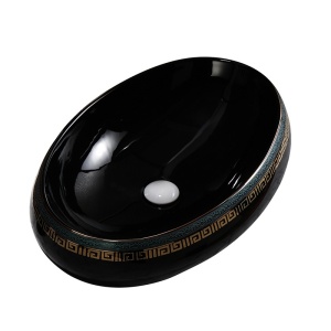 Lavoar ceramic oval negru lucios cu decoratiuni aurii Cari 60 x 40 cm - Img 5