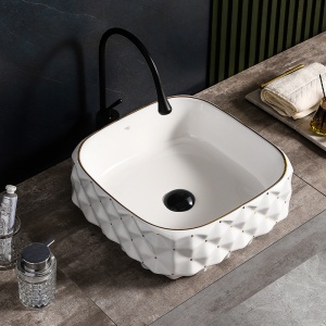 Lavoar ceramic patrat alb cu decoratii aurii si montaj pe blat Pearl White 40 x 40 cm - Img 7