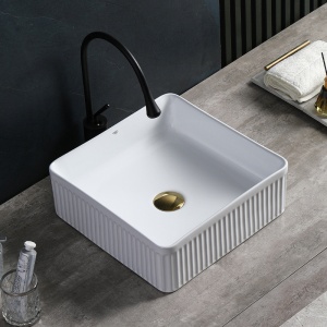 Lavoar ceramic patrat cu caneluri si montaj pe blat Aura White Gloss 37 x 37 cm - Img 9