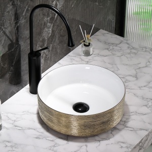 Lavoar ceramic rotund cu interior alb si exterior auriu si montaj pe blat Lava 36 x 12 cm - Img 10