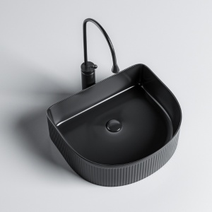 Lavoar ceramic semirotund cu caneluri si montaj pe blat Fino Black Gloss 40 x 35 cm - Img 3