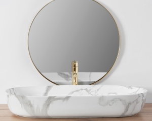 Lavoar De Blat REA CLEO 81 SHINNY MARMO, Dimensiuni 81 X 41 X 13.5 Cm, Design Deosebit, Forma Dreptunghiulara, Ceramica Sanitara, Alb/Gri - Img 4