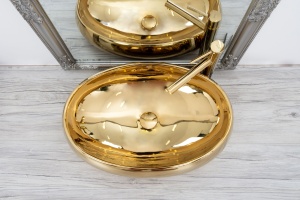 Lavoar De Blat REA MELANIA GOLD, Dimensiuni 60 X 40.5 X 14.5 Cm, Design Deosebit, Forma Ovala, Ceramica Sanitara, Auriu - Img 5