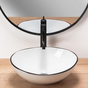 Lavoar De Blat REA SOFIA BLACK EDGE, Dimensiuni 41 X 34.5 X 15 Cm, Montaj Pe Blat, Design Deosebit, Forma Ovala, Ceramica Sanitara, Alb - Img 2
