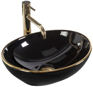 Lavoar De Blat REA SOFIA BLACK GOLD EDGE, Dimensiuni 41 X 34.5 X 15 Cm, Montaj Pe Blat, Design Deosebit, Forma Ovala, Ceramica Sanitara, Negru - Img 1