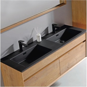 Lavoar dublu, incastrat pentru baie din conglemerat, cu gauri baterie, negru mat, Veldman Lotus 120 x 46 cm - Img 5