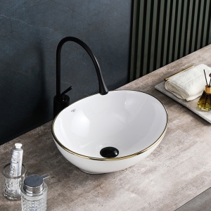 Lavoar oval cu montaj pe blat, alb cu rama aurie Lumo 40 x 33 cm - Img 9