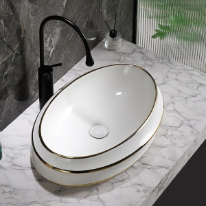 Lavoar oval cu montaj pe blat Yoko, alb cu rame aurii lucioase 60 x 40 cm - Img 3