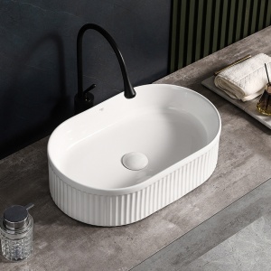Lavoar oval din ceramica cu caneluri si montaj pe blat Elix White Gloss 49 x 31 cm - Img 2