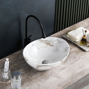 Lavoar oval din ceramica cu fixare pe blat Lumo White Gloss 40 x 33 cm - Img 7