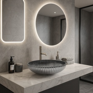 Lavoar oval din sticla cu caneluri Brillant Platinium Black Gloss 51 x 35 cm - Img 9