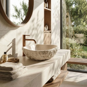 Lavoar pe blat bej imitatie piatra Rea Isla Warm Beige - Img 2