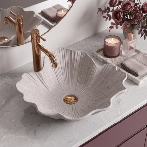 Lavoar pe blat ceramic Rea Flower Beige, design vintage floral - Img 5