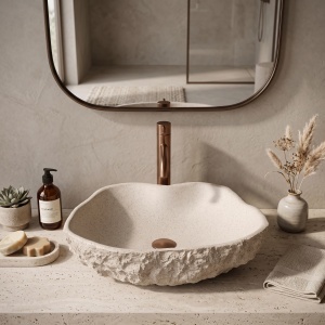 Lavoar pe blat Rea Isla Warm Beige cu textura de piatra naturala - Img 5