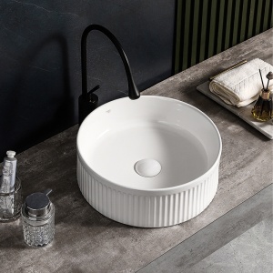 Lavoar rotund cu fixare pe blat, din ceramica, canelat, Lava White Gloss 37 x 13 cm - Img 2