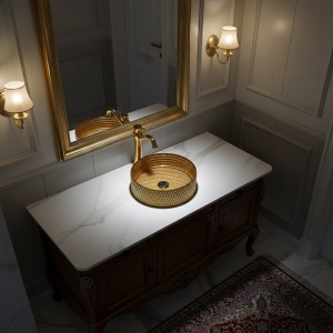 Lavoar rotund din sticla frezata cu montaj pe blat Brillant Gold Matt 36 x 12 cm - Img 3
