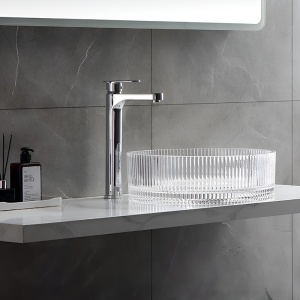 Lavoar rotund din sticla transparenta si frezata cu montaj pe blat Brillant 40 x 12 cm - Img 6