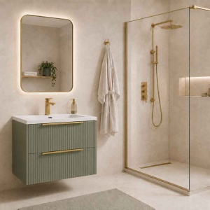 Mobilier suspendat pentru lavoar Fluminia Istria 80 verde salvia 80 x 46 cm front riflat maner auriu - Img 4