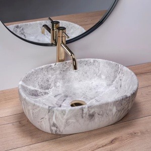 Pachet lavoar pe blat Rea Lara Stone gri 48.5 cm, baterie lavoar Ideal Standard Ceraline negru si ventil lavoar Click-Clack negru - Img 5