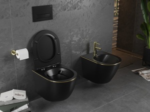 Set Vas Wc PRO Lena carlo Negru Mat/Auriu , Tehnologie Rimless, Capac slim cu inchidere lenta - Img 4