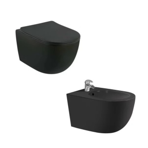 Set vas wc rimless cu capac softclose si bideu Fluminia Minerva negru mat - Img 1