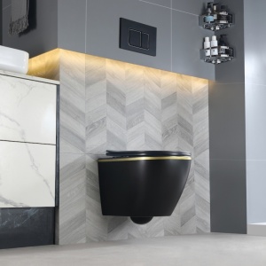 Vas de toaleta suspendat Mizu Black Matt&Gold, rimless, cu capac din duroplast cu softclose - Img 3