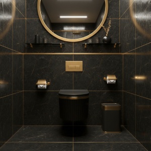 Vas de WC suspendat Luma Black Matt - Gold Brush cu caneluri – rimless, capac soft close - Img 8