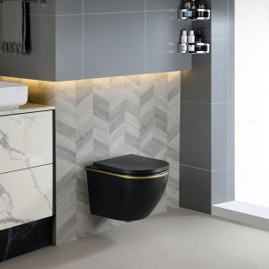 Vas WC suspendat Peak Black Matt&Gold, rimless si cu capac softclose - Img 2