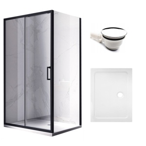 Cabina de dus dreptunghiulara din sticla securizata cu rame negre si cadita alba slim KZ104A/ST04A 100 x 90 cm