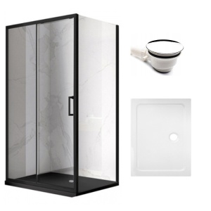 Cabina de dus dreptunghiulara din sticla securizata cu rame negre si cadita alba slim KZ103-ST03E 90 x 80 cm