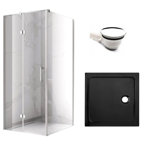 Cabina de dus patrata cu cadita KZ01D ST06A crom negru 100 x 100 cm sticla 6 mm