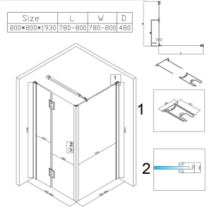 Cabina de dus patrata cu rame negre si cadita alba slim KZ1390A/ST02A 80 x 80 cm - Img 7