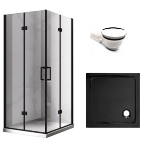Cabina de dus patrata din sticla securizata cu rame negre si cadita neagra slim KZ08B/ST02A 80 x80 cm
