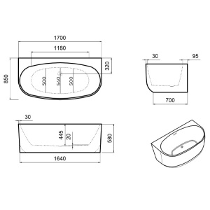 Cada de baie NORA 526D, Dimensiune 170x85cm, Culoare Alb, Deversor Crom - Img 4