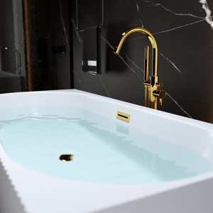 Cada de baie suport RIO 504B, Dimensiune 150x75cm/Dreapta, Culoare Alb, Deversor Auriu Lucios - Img 3