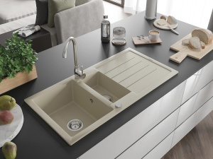 Chiuveta bucatarie din granit cu doua compartimente Pro Tomas 800 x 500, bej cu sifon cromat - Img 2