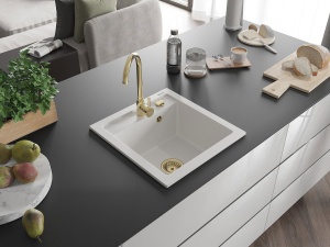Chiuveta bucatarie din granit, culoare alba cu sifon auriu, dimensiune 52x49cm - Img 2