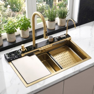 Chiuvetă bucatarie multifuncțională din oțel 10 în 1 REA Alonzo Brush Gold