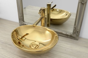 Chiuveta de blat REA SOFIA GOLD, Dimensiuni 41 x 34.5 x 15 cm, Forma Ovala, Ceramica sanitara, Auriu - Img 3
