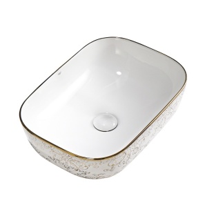 Lavoar ceramic dreptunghiular alb cu detalii florale aurii Milo White Gloss 45 x 32 cm - Img 3