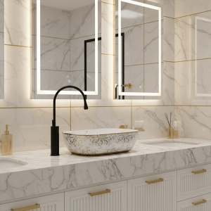 Lavoar ceramic dreptunghiular alb cu detalii florale aurii Milo White Gloss 45 x 32 cm - Img 13