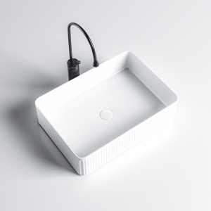 Lavoar ceramic dreptunghiular cu caneluri si cu fixare pe blat Aura White Gloss 50 x 34 cm - Img 3