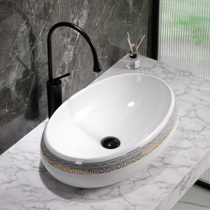 Lavoar ceramic oval alb cu decoratiune aurie Cari 60 x 40 cm - Img 4