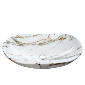 Lavoar ceramic oval alb marmorat cu montaj pe blat Lavi White Gloss 62 x 36 cm - Img 5