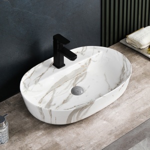 Lavoar ceramic oval cu montaj pe blat, marmura alb lucioasa Emi White Gloss 60 x 40 cm - Img 10