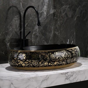 Lavoar ceramic oval negru cu decoratiuni aurii si montaj pe blat Cari 60 x 40 cm - Img 7