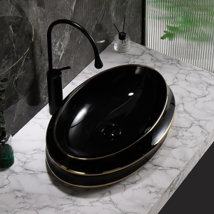 Lavoar ceramic oval negru cu linii aurii si montaj pe blat Yoko Black Gloss 60 x 40 cm - Img 2