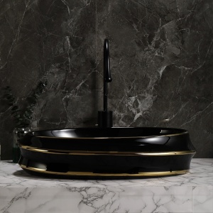Lavoar ceramic oval negru cu linii aurii si montaj pe blat Yoko Black Gloss 60 x 40 cm - Img 12
