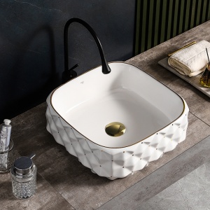 Lavoar ceramic patrat alb cu decoratii aurii si montaj pe blat Pearl White 40 x 40 cm - Img 4